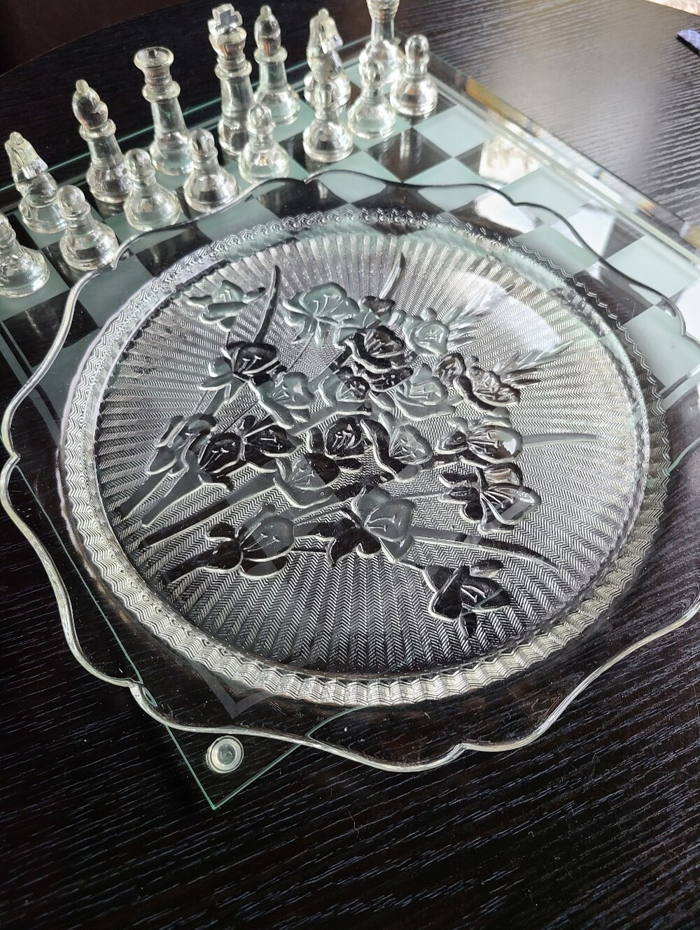 Clear Pressed Glass Floral Serving Platter - Scalloped Edge